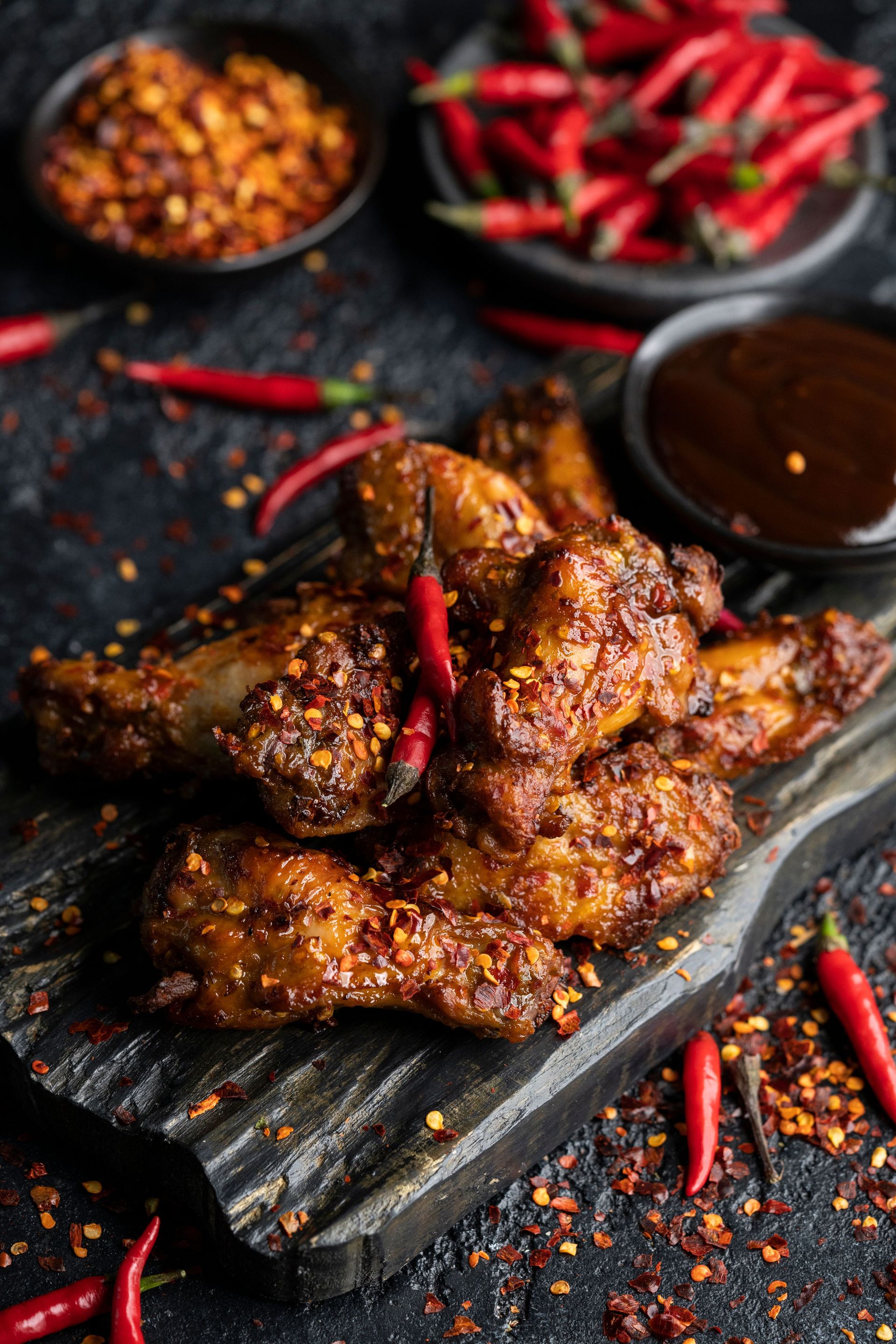 Delicious spicy chicken wings garnished with red chilies, perfect for a flavorful meal.